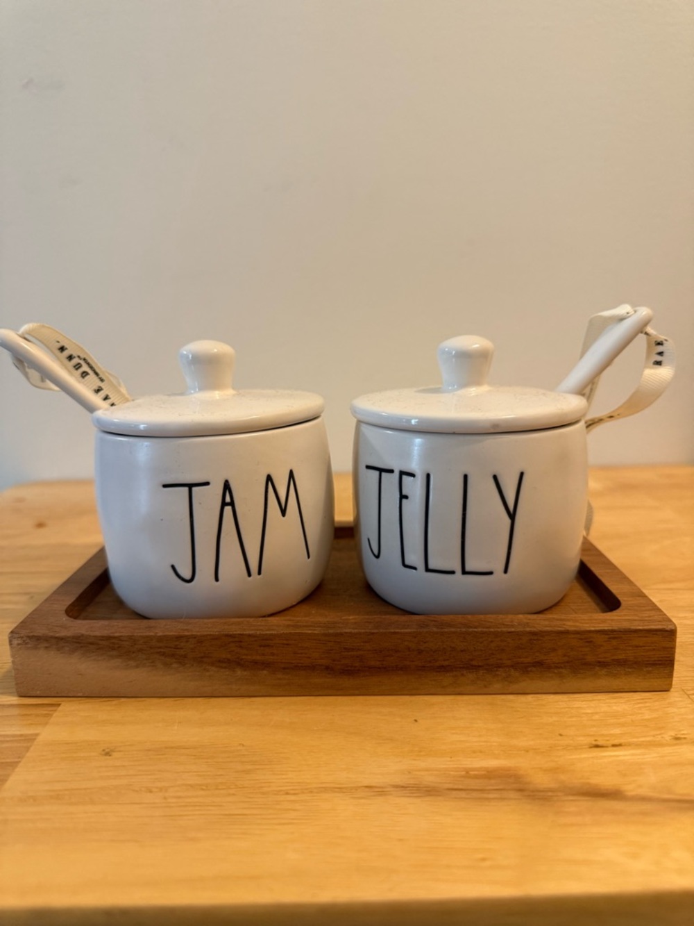 Rae Dunn White Jam & Jelly Ceramic Jars with Spoons on Wood Tray